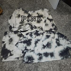 PINK Victoria's Secret Black and White Tie-Dye Hoodie, Shorts, and T set.